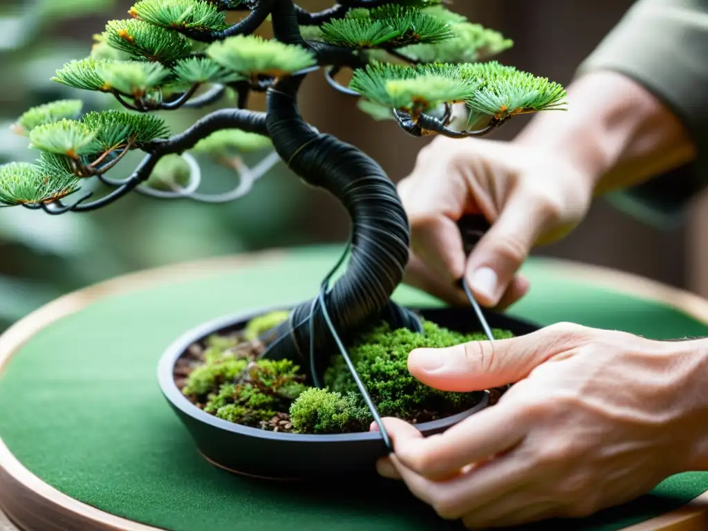 Un artista de bonsái esculpiendo la forma ideal del árbol con alambre, mostrando precisión y delicadeza en su trabajo