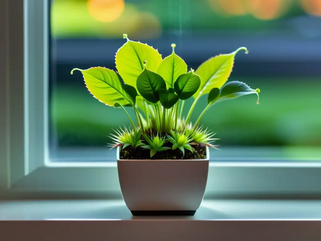 Una Venus atrapamoscas verde vibrante en un elegante macetero de interior, iluminada por luz cálida