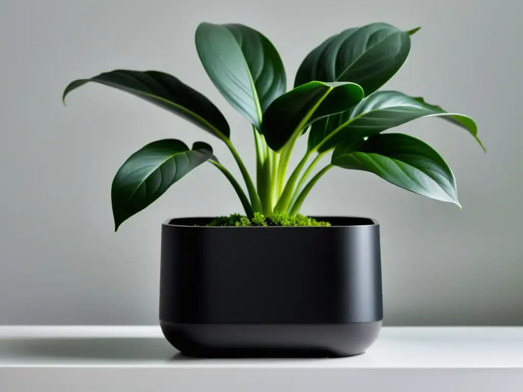 Autopot de diseño moderno en negro mate con exuberante vegetación, reflejando técnicas eficientes riego plantas interior