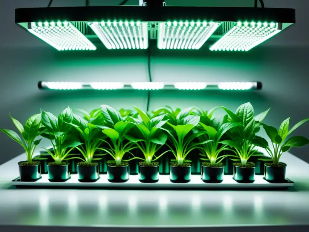 Avances científicos cuidado plantas interior: Sistema hidropónico de alta tecnología con diseño minimalista, luces LED iluminando plantas verdes vibrantes en un entorno futurista de vidrio