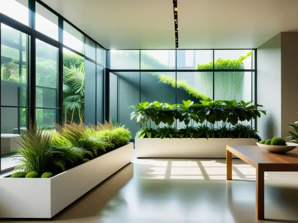 Avances en fertilizantes para plantas de interior: Jardín interior minimalista con plantas vibrantes en macetas geométricas, bañado por luz natural