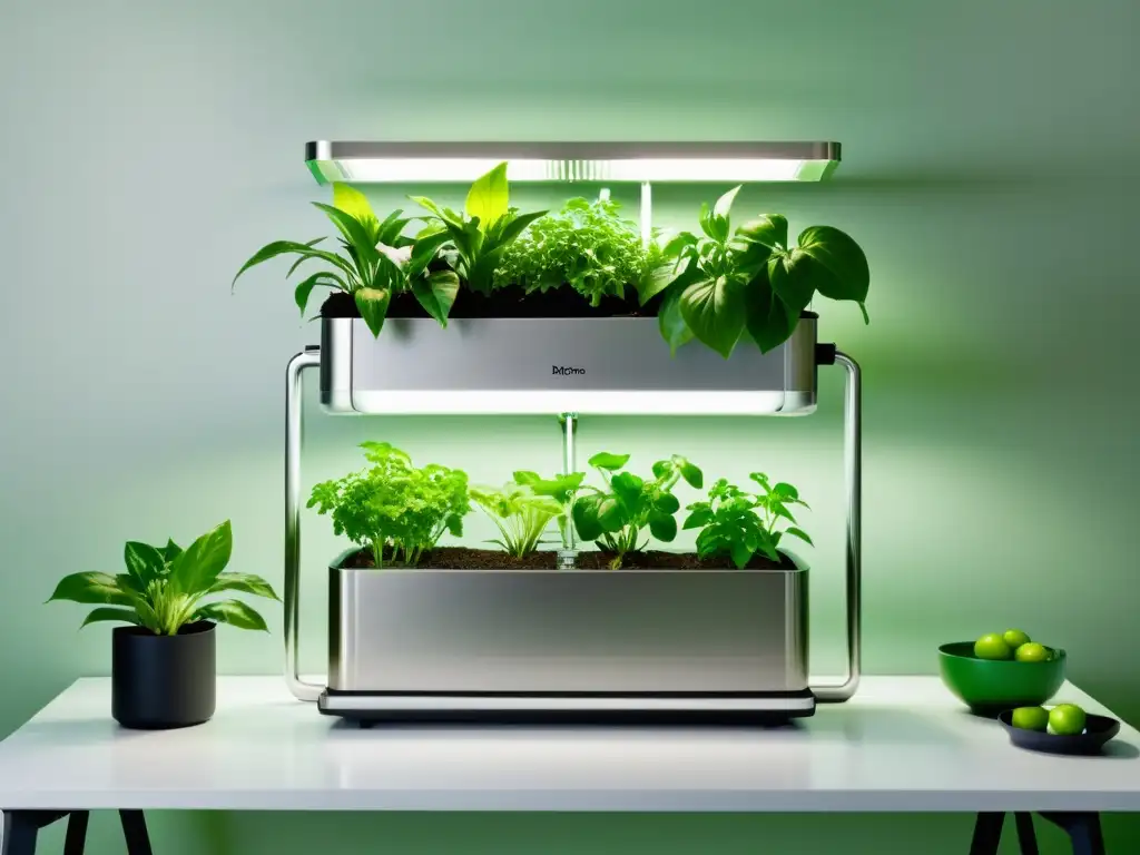 Avances en hidroponía para interiores: Sistema hidropónico interior de diseño minimalista con plantas exuberantes en agua nutriente