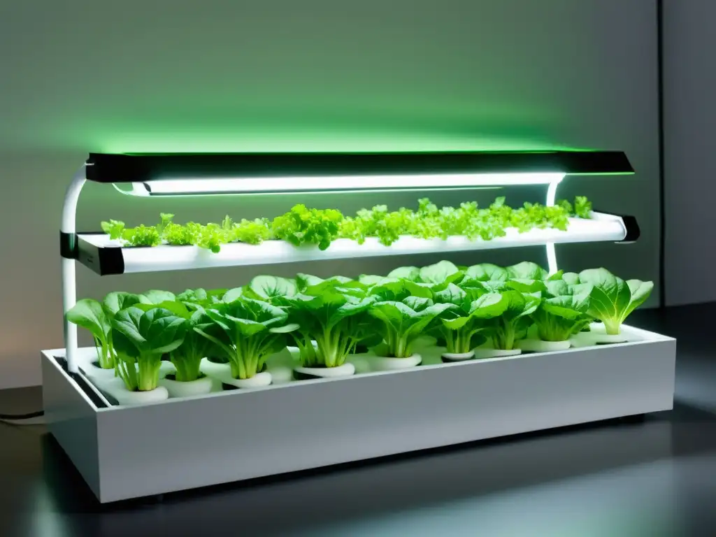 Avances en hidroponía para interiores: Jardín hidropónico minimalista con lechugas y hierbas vibrantes bajo cálida iluminación LED