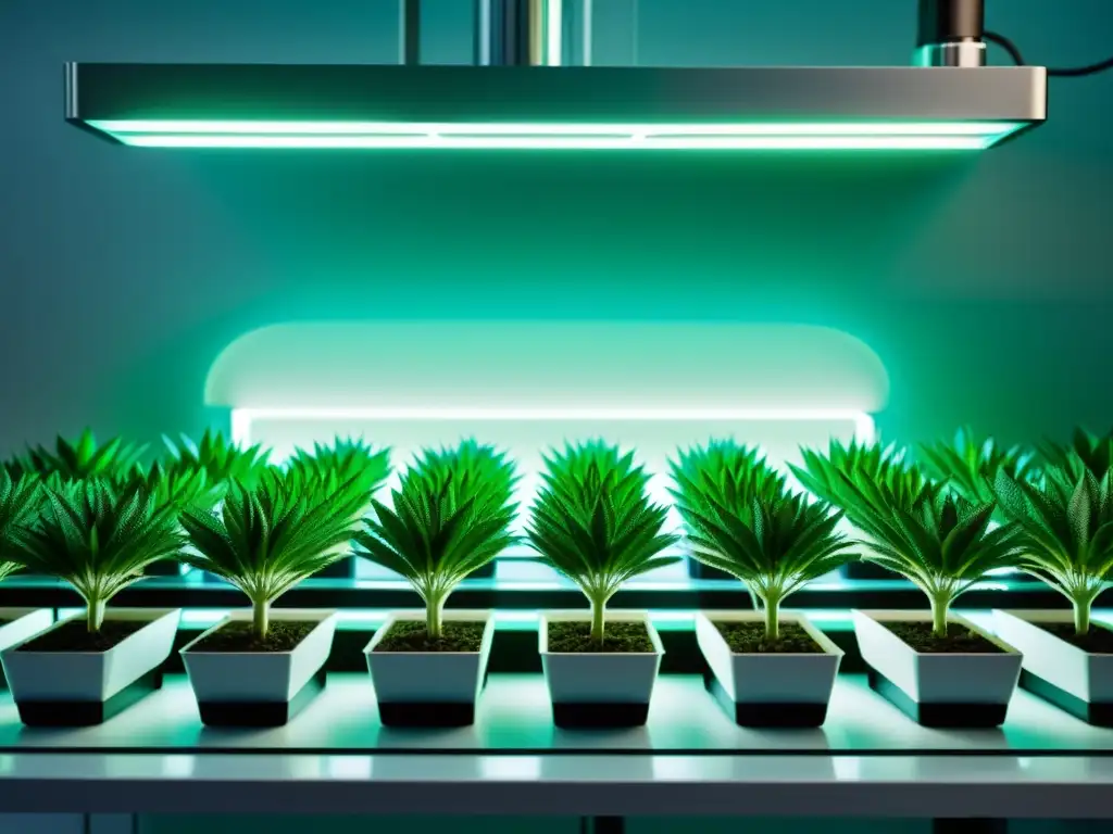 Avanzada clonación de plantas de interior asistida por tecnología en un laboratorio minimalista con brillo etéreo