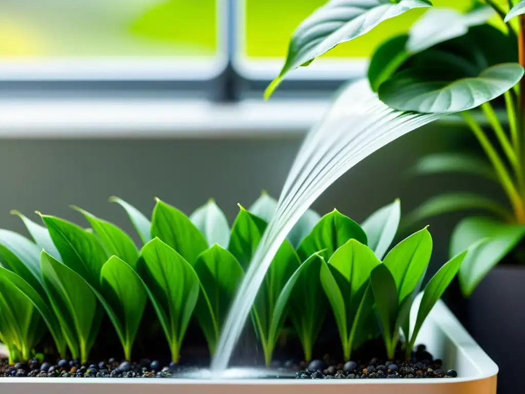 Avanzada técnica de riego para plantas de interior en verano, con gotas de agua sobre hojas verdes vibrantes