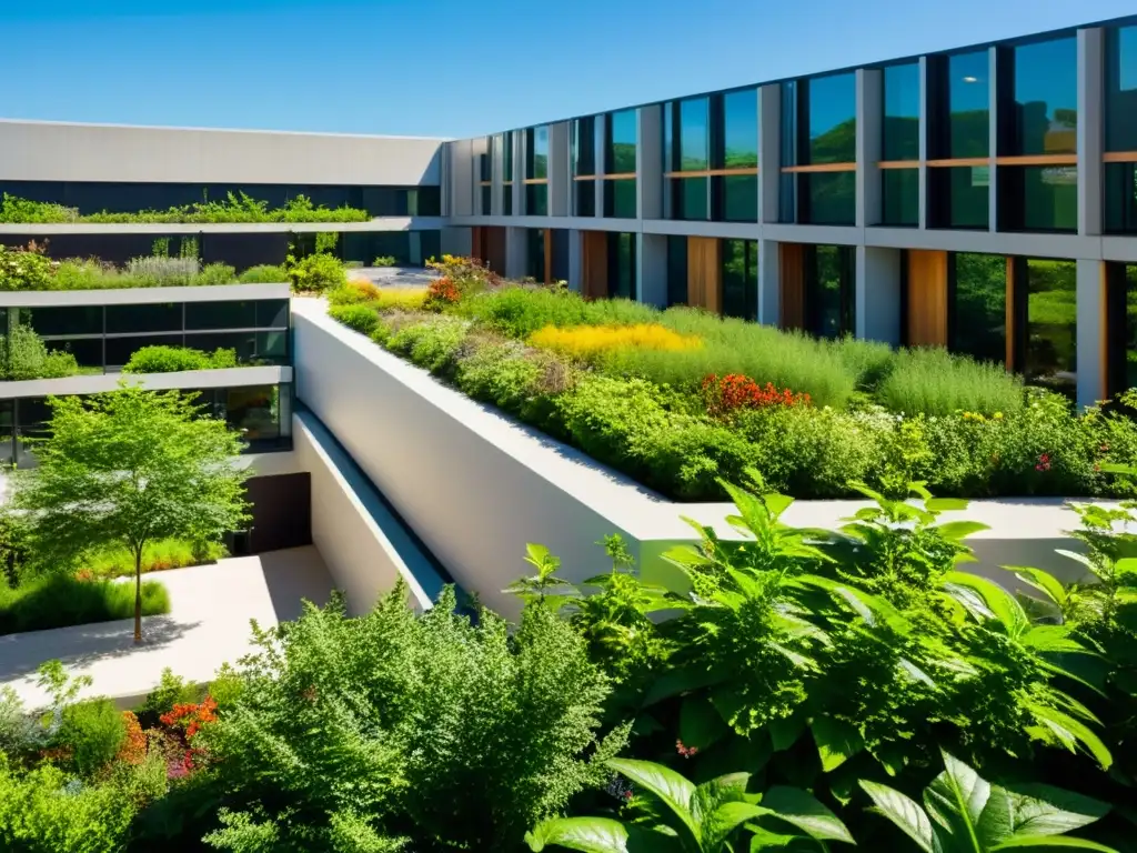 Un jardín en la azotea de un edificio sostenible, integrando la biofilia en diseño moderno