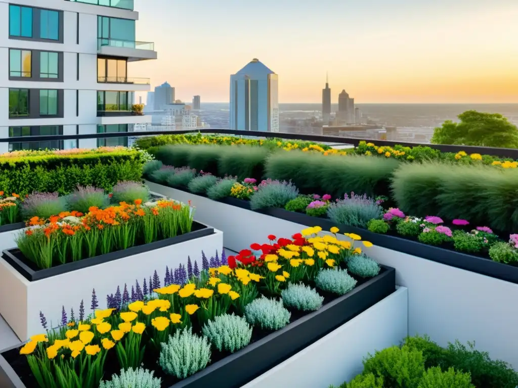 Un jardín en azotea con exuberante vegetación y flores coloridas en patrones geométricos