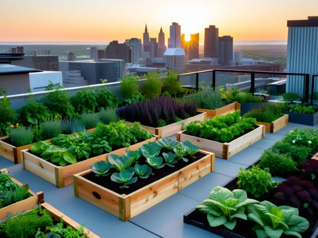 Un jardín en la azotea con huertos ordenados llenos de vegetales y hierbas coloridas, bañados por la cálida luz del atardecer en la ciudad