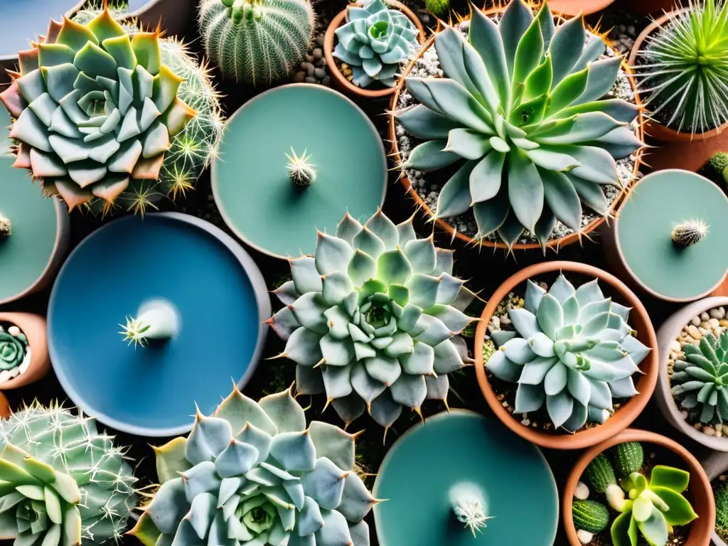 Un jardín en la azotea con las mejores plantas para azoteas, con cactus y suculentas en vibrantes tonos verdes y azules