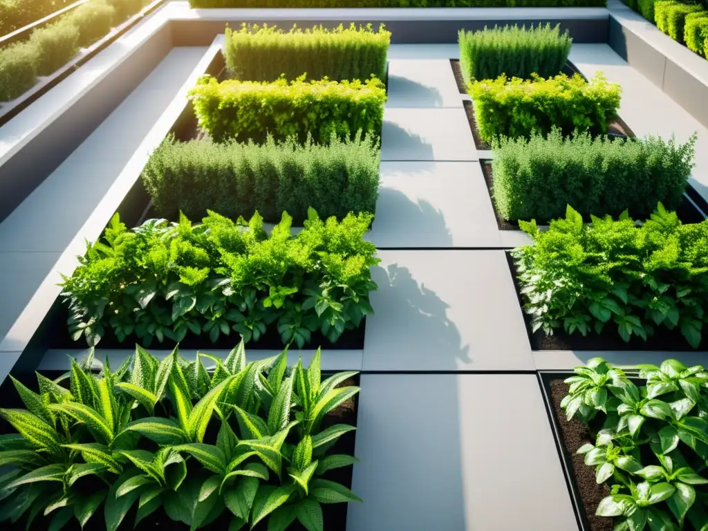 Un jardín en la azotea, con plantas exuberantes en macetas modernas, transformando tejados en oasis verdes