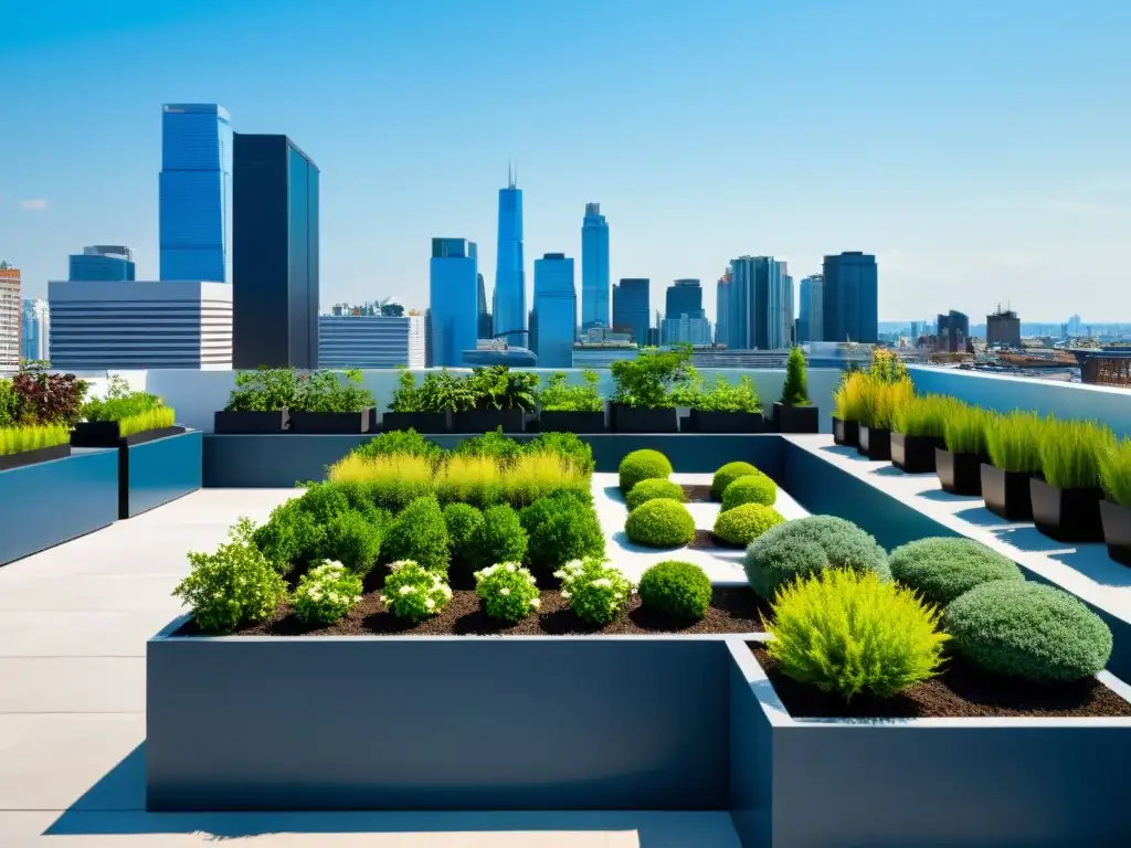 Un jardín en la azotea con plantas verdes y moderna arquitectura, creando un oasis de tranquilidad urbana