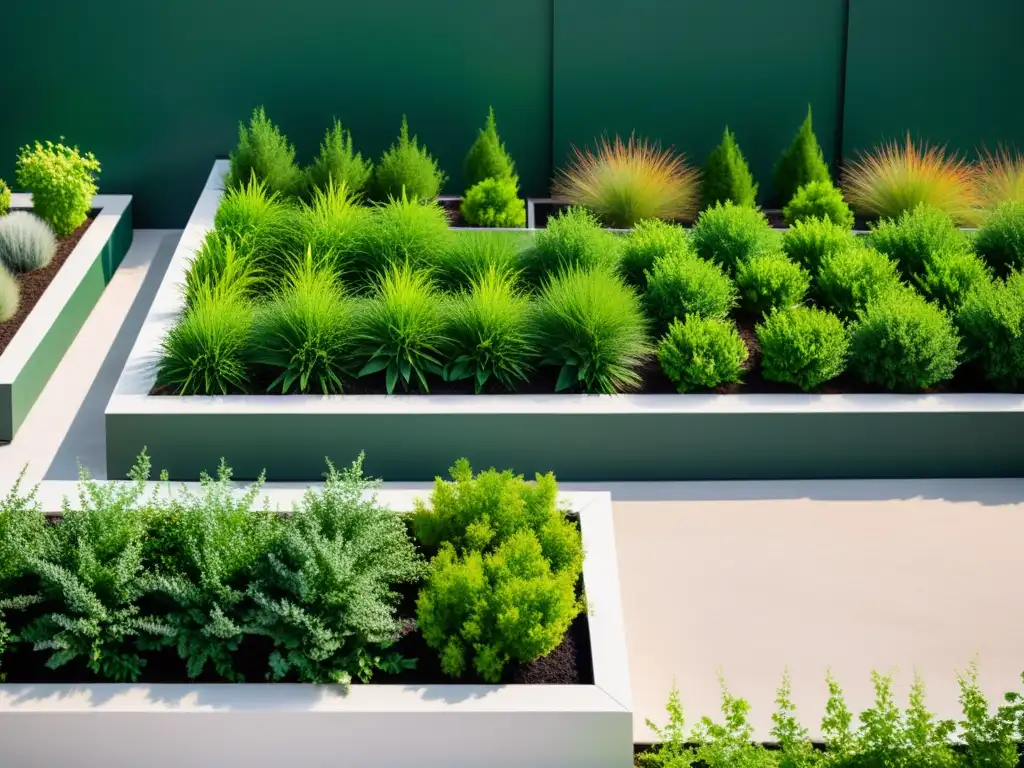 Jardín en azotea con plantas verdes en geometría, luz suave, tranquilo