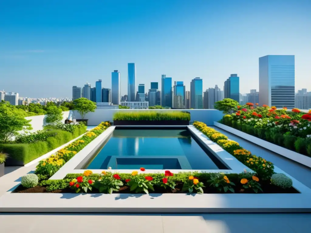 Un jardín en azotea sereno con vegetación exuberante y flores coloridas, rodeado de edificios urbanos modernos