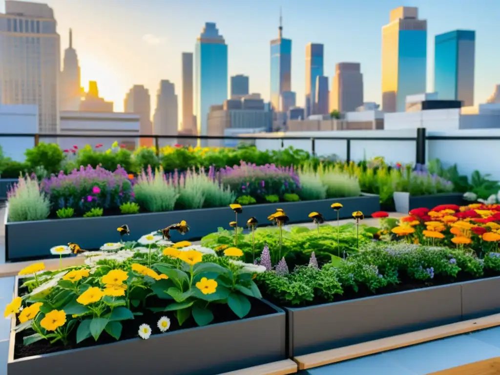 Un jardín en la azotea urbana con plantas verdes vibrantes y flores coloridas, rodeado de edificios modernos