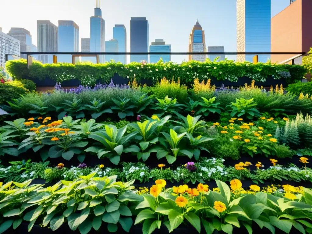 Un jardín de azotea verde exuberante, con plantas y flores vibrantes en patrones geométricos