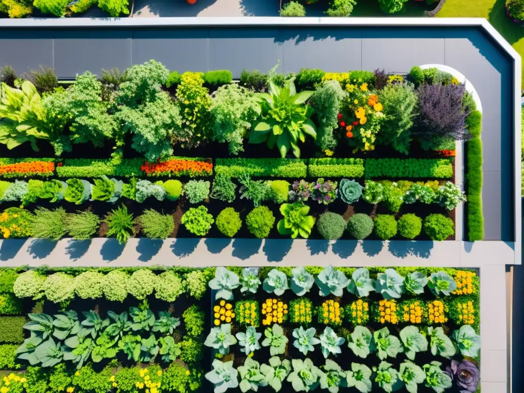 Un jardín en la azotea con verduras y flores coloridas bañadas por el sol, rodeado de modernos edificios