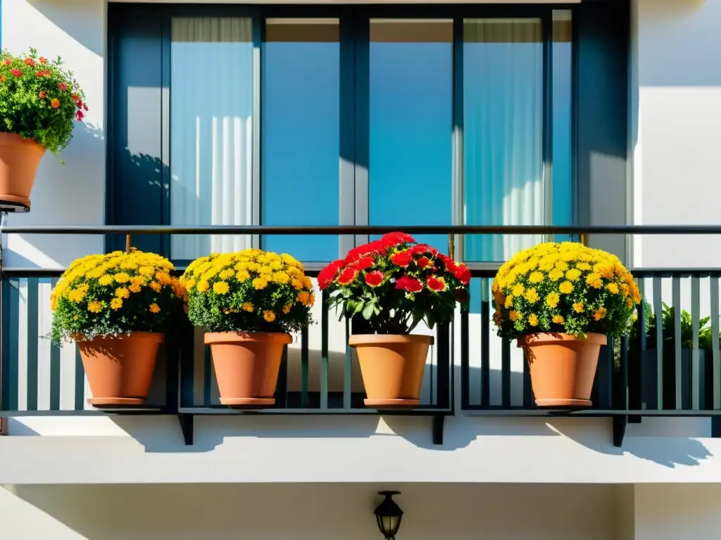 Un balcón decorado con plantas de temporada para balcón, creando un ambiente vibrante y acogedor con luz natural filtrándose a través de las hojas