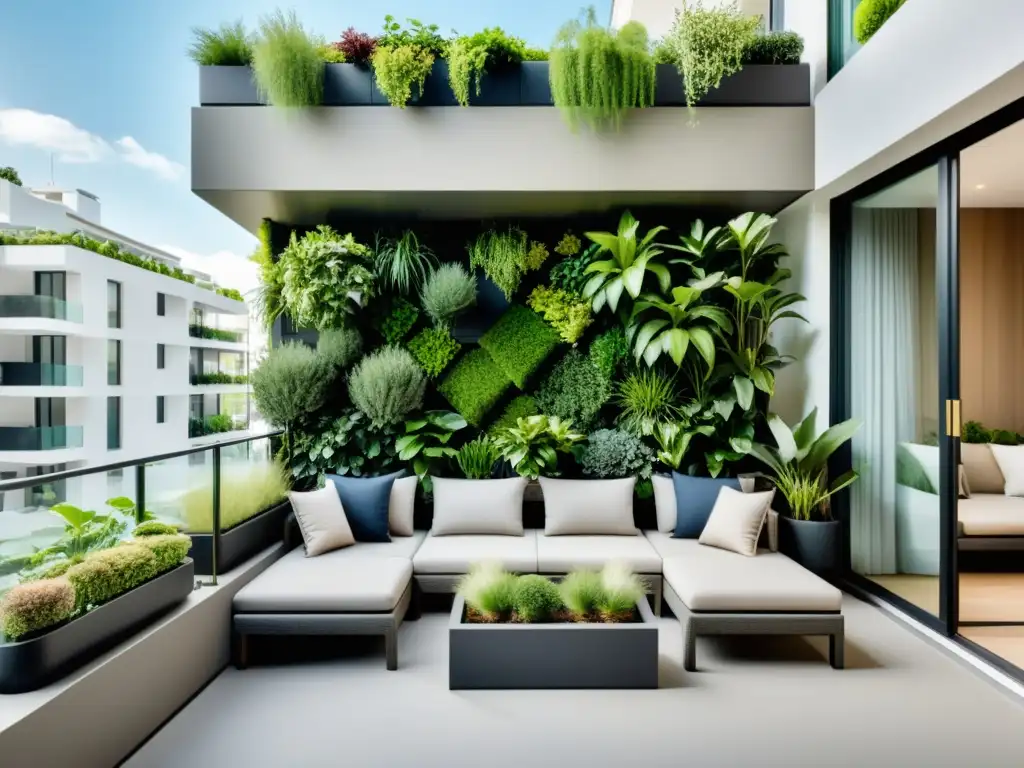 Un balcón maximiza espacio verde con jardines verticales y plantas colgantes, creando un oasis sereno y acogedor