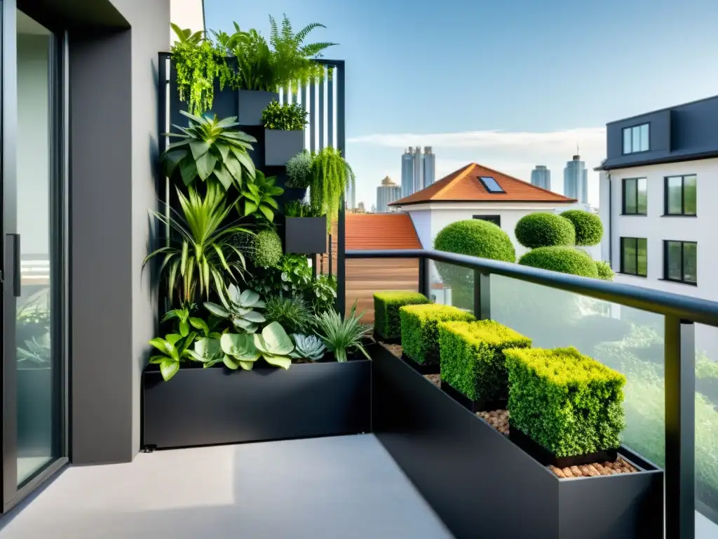 Un balcón estrecho con jardín vertical minimalista de plantas verdes en maceteros negros