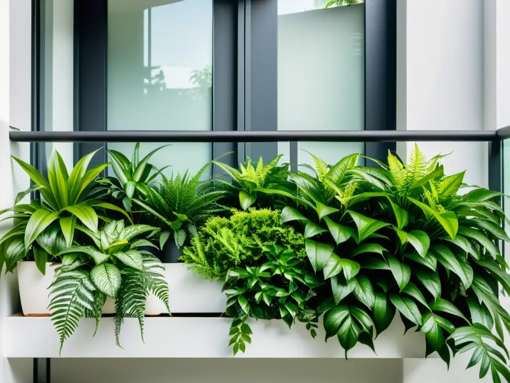 Un balcón lleno de exuberantes plantas verdes en un ambiente sereno y acogedor