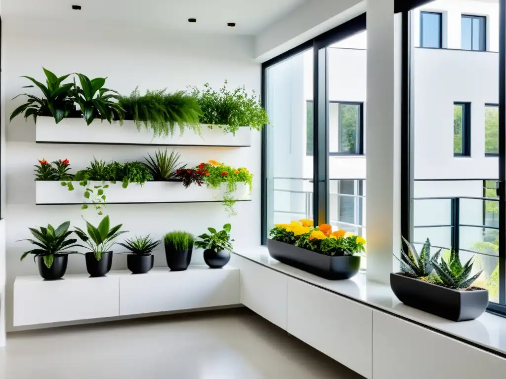 Un balcón minimalista con plantas de interior en espacios reducidos, iluminado por luz natural y decorado con elegancia