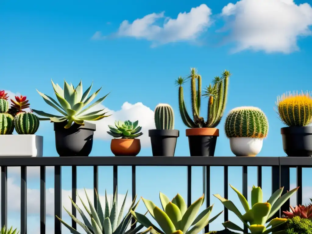 Un balcón minimalista con plantas resistentes al viento y cielo azul