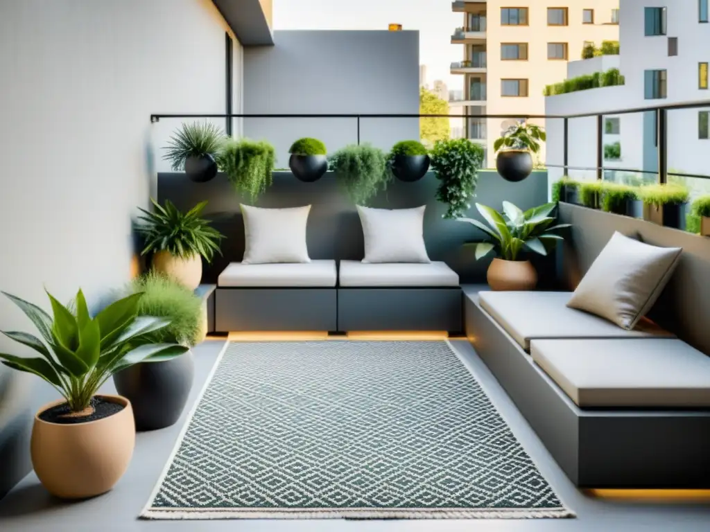 Un balcón minimalista sereno con muebles espaciales, plantas colgantes y luz matutina cálida