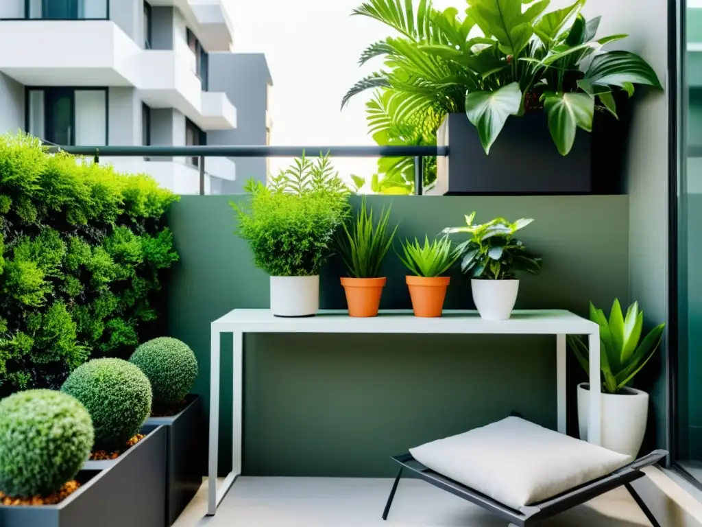 Un balcón minimalista transformado en un exuberante jardín