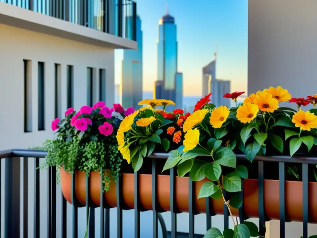 Un balcón moderno alberga una exuberante variedad de plantas de temporada, con texturas y colores vibrantes