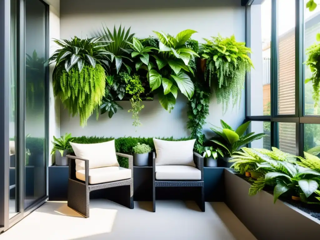 Un balcón pequeño con un sistema de jardinería vertical, plantas verdes y muebles minimalistas, creando un oasis urbano