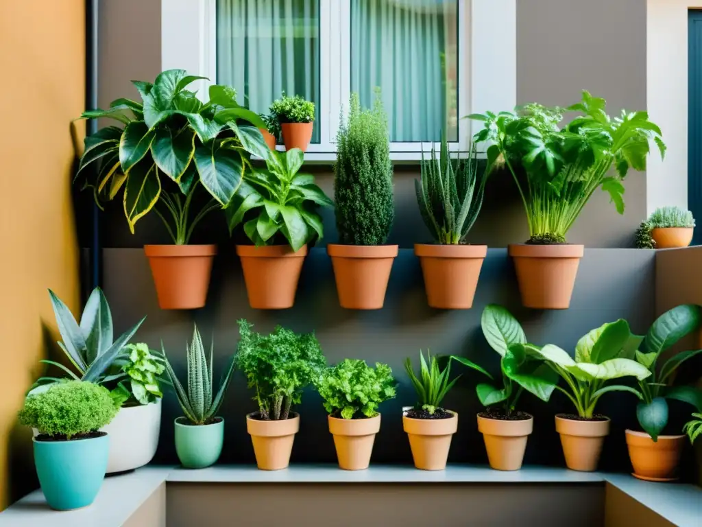 Un balcón urbano rebosante de plantas y vegetales, bañado en suave luz natural