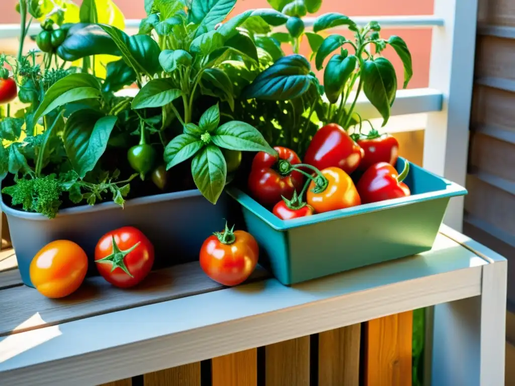 Un balcón urbano rebosante de vegetales cultivados en espacios reducidos, con colores y texturas vibrantes