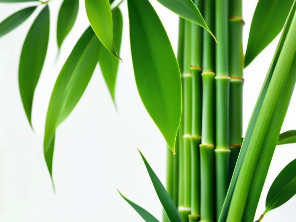 Bambú de la suerte cuidados: Detalle ultra definido de una planta de bambú verde vibrante en un fondo blanco, mostrando su elegante belleza natural