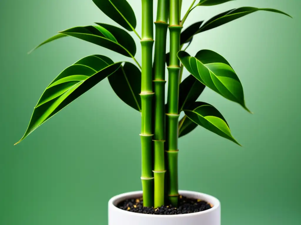 Un bambú de la suerte en una maceta blanca moderna, con hojas verdes vibrantes y detalles nítidos