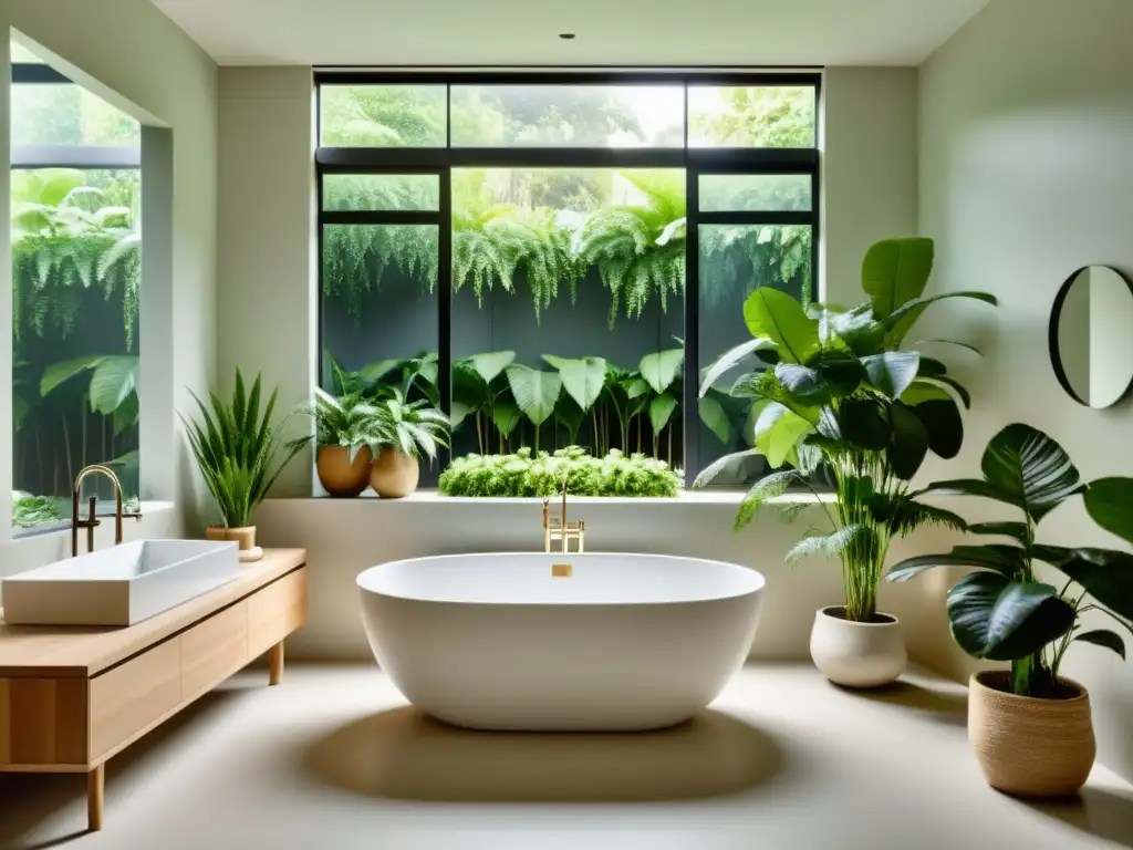 Baño minimalista con bañera independiente rodeada de plantas de interior para baños, creando un ambiente sereno y relajante