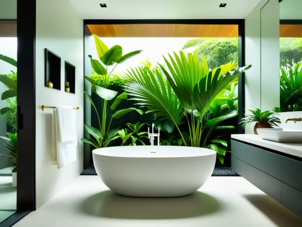 Baño minimalista con bañera independiente junto a ventana de piso a techo, rodeada de plantas tropicales en macetas modernas