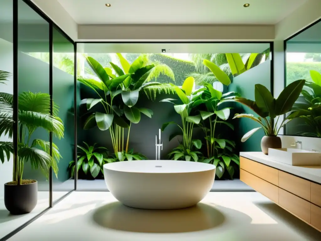 Un baño moderno con bañera independiente rodeada de exuberantes plantas tropicales, creando un ambiente de spa