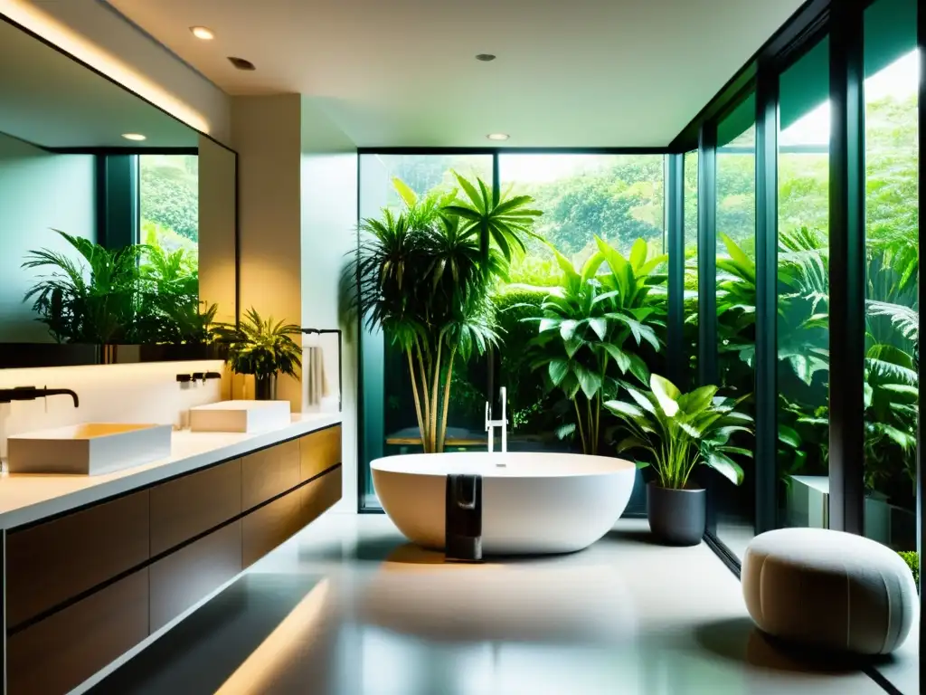 Un baño moderno con plantas de interior para baños, iluminado por luz natural, creando una atmósfera serena y relajante