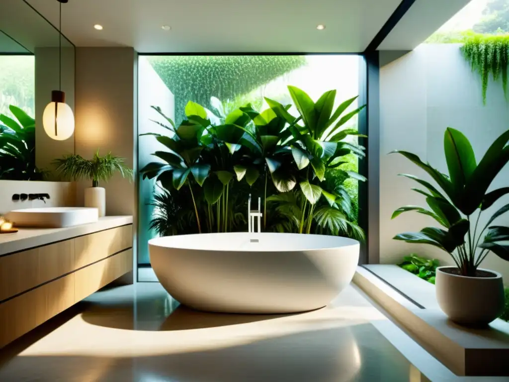 Baño moderno con bañera, plantas tropicales y ventana de piso a techo