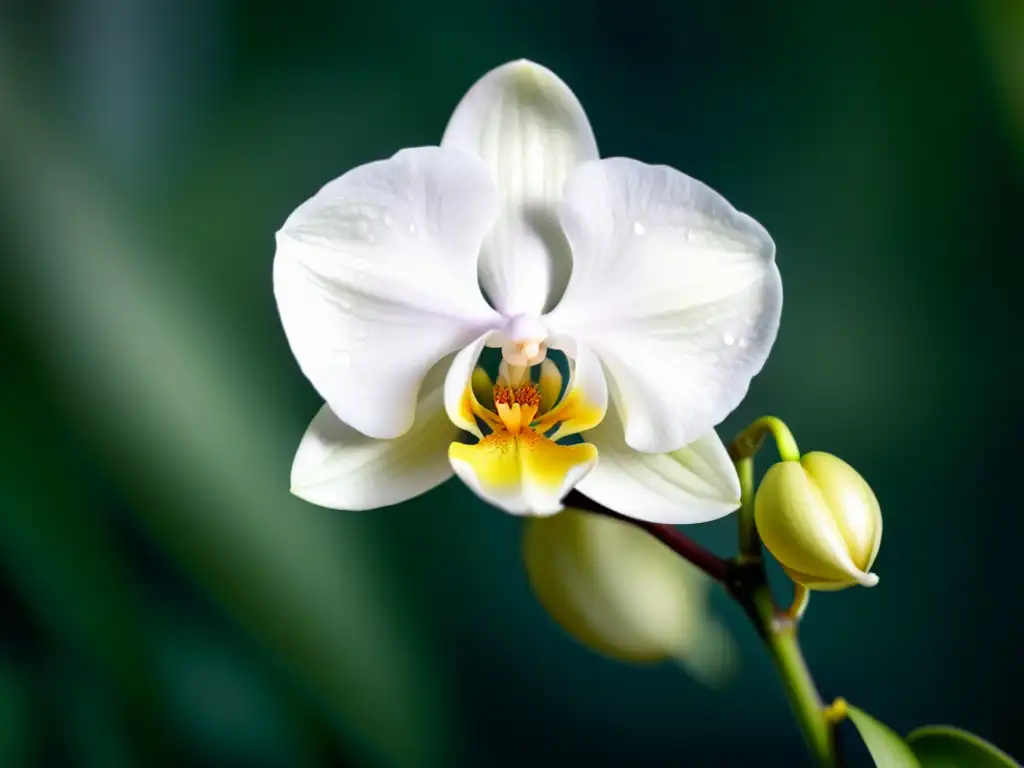 Una bella orquídea blanca con gotas de rocío