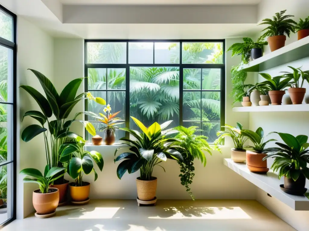 Belleza de hojas dañadas: armonía y cuidado en un sereno rincón repleto de plantas de interior exuberantes y detalladas