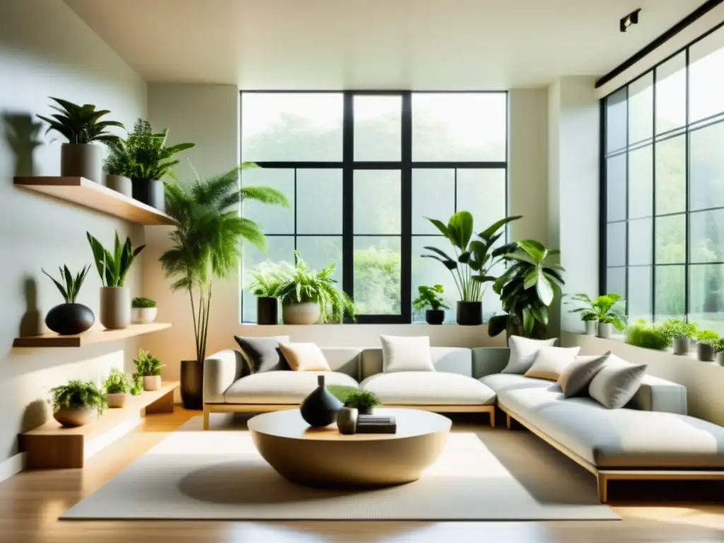 Belleza natural de plantas de interior en moderno salón, promoviendo bienestar y beneficios de las plantas de interior