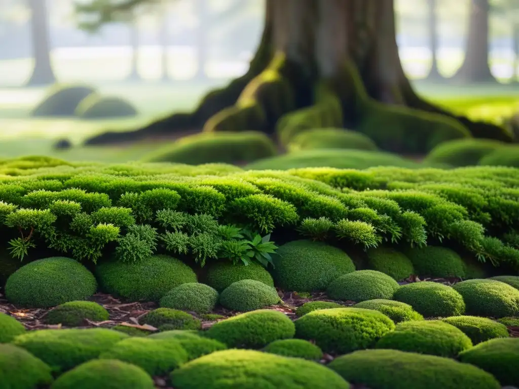 Un bello jardín de musgos japonés bajo un árbol de arce, evocando serenidad y cuidado del jardín de musgos