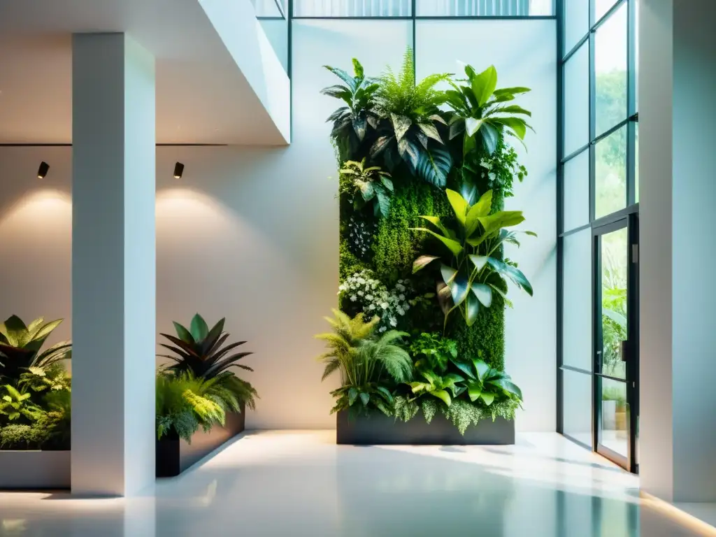 Bello jardín vertical en interior, iluminado por luz natural, aportando beneficios aires interiores