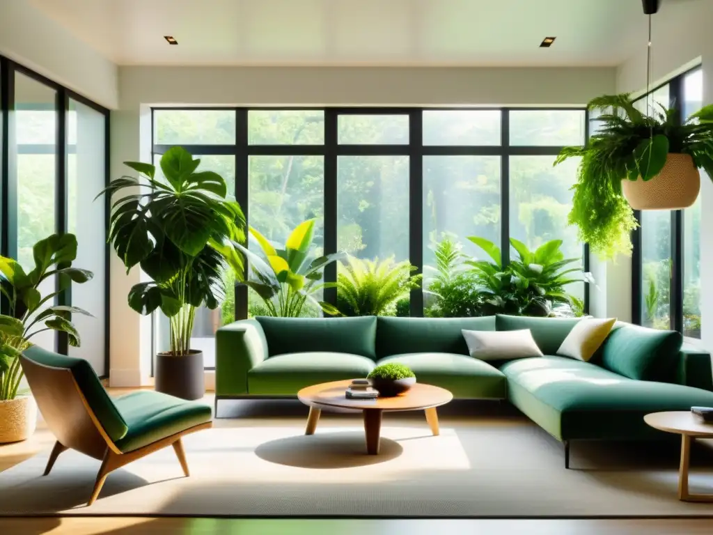 Beneficios de las plantas de interior: moderno salón iluminado con plantas verdes que crean un ambiente sereno y acogedor