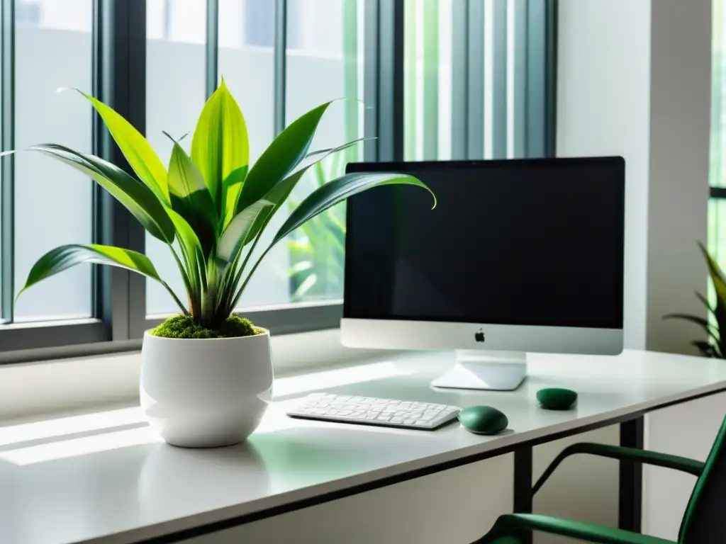 Beneficios de las plantas de interior en la oficina: serenidad y frescura con una planta de serpiente verde en un moderno escritorio blanco