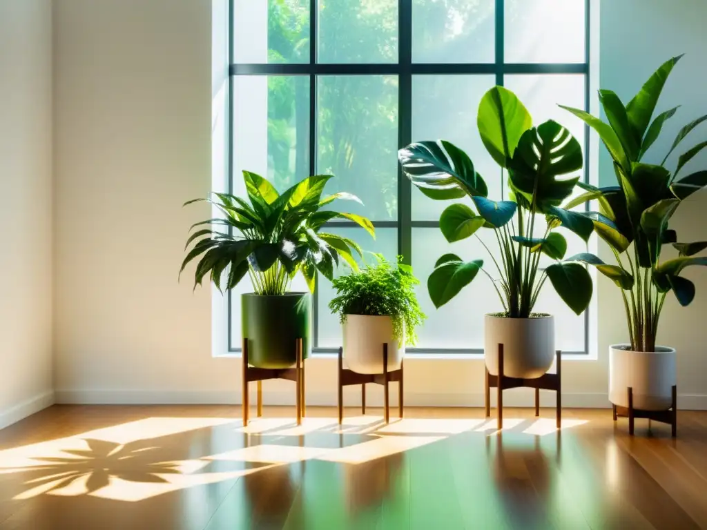 Bienestar interior con plantas: habitación soleada con plantas verdes en elegantes soportes, creando un ambiente tranquilo y acogedor