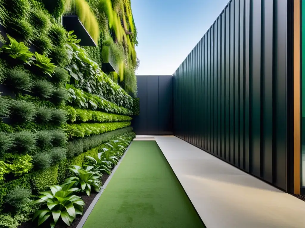 Diseño Biofílico para espacios urbanos: Fotografía de un espacio urbano moderno con arquitectura minimalista y elementos naturales integrados, como jardines verticales y plantas, creando una atmósfera de armonía y conexión con la naturaleza