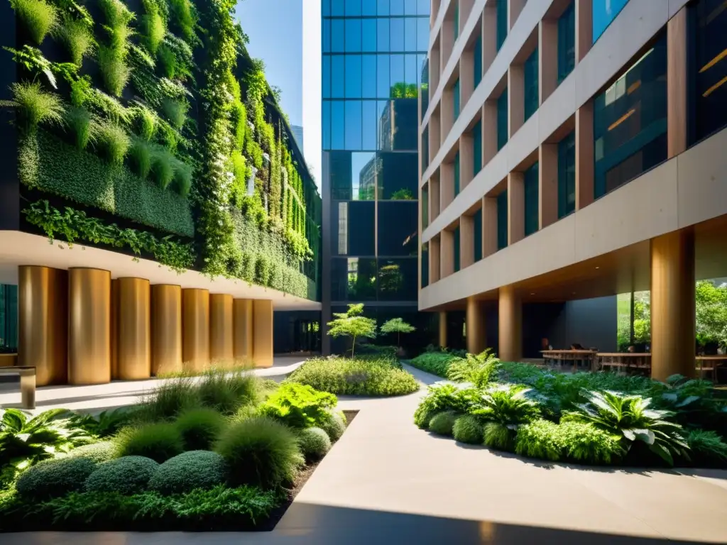 Diseño Biofílico para espacios urbanos: Plaza urbana moderna con vegetación integrada en arquitectura contemporánea y juego de luces y sombras