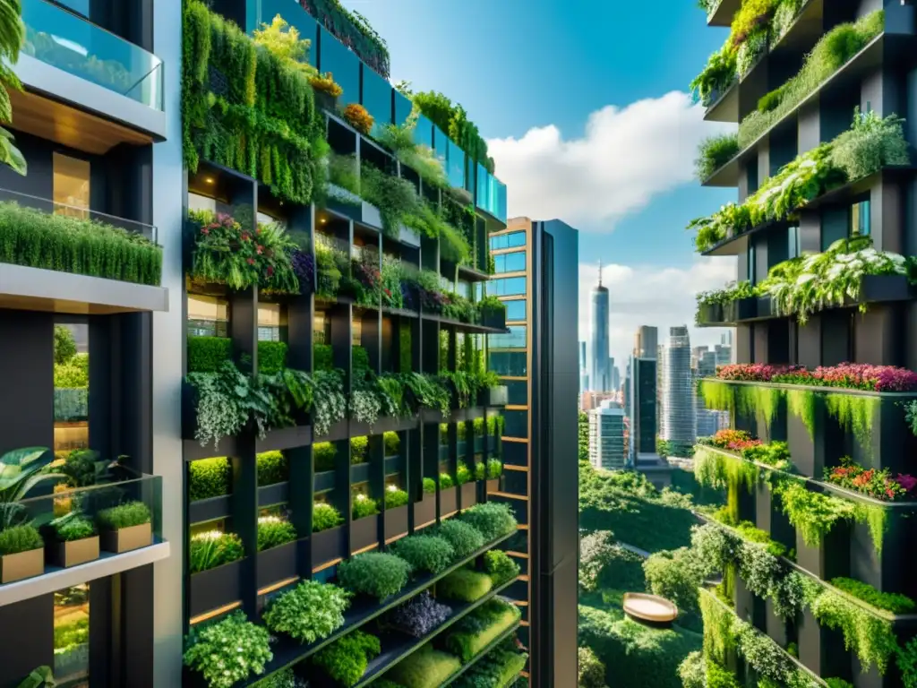 Diseño Biofílico para espacios urbanos: skyline moderno fusionado con naturaleza exuberante y arquitectura sostenible